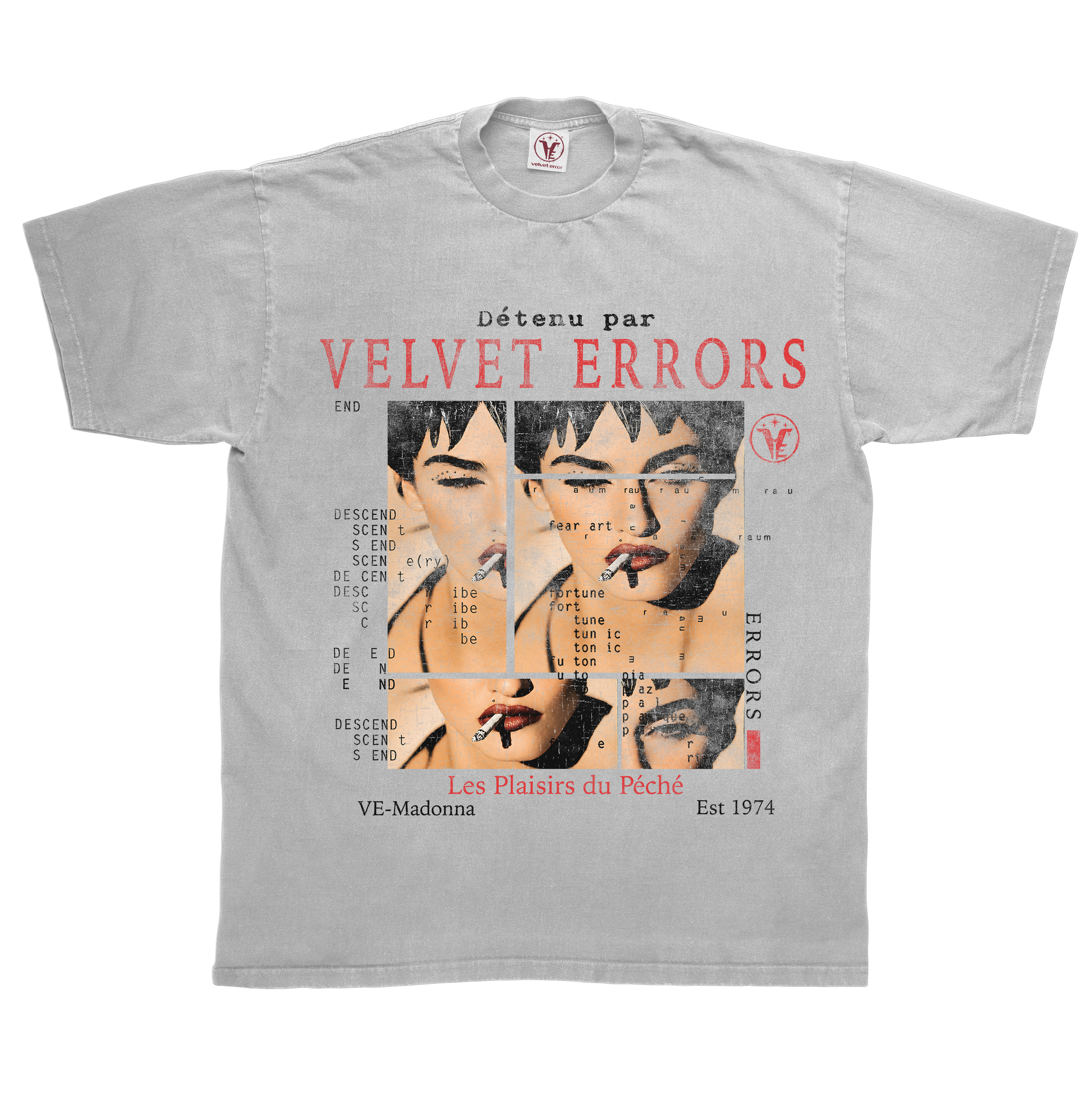 Grey Madonna T-shirt by Velvet Errors featuring classic Madonna graphic on soft cotton fabric.