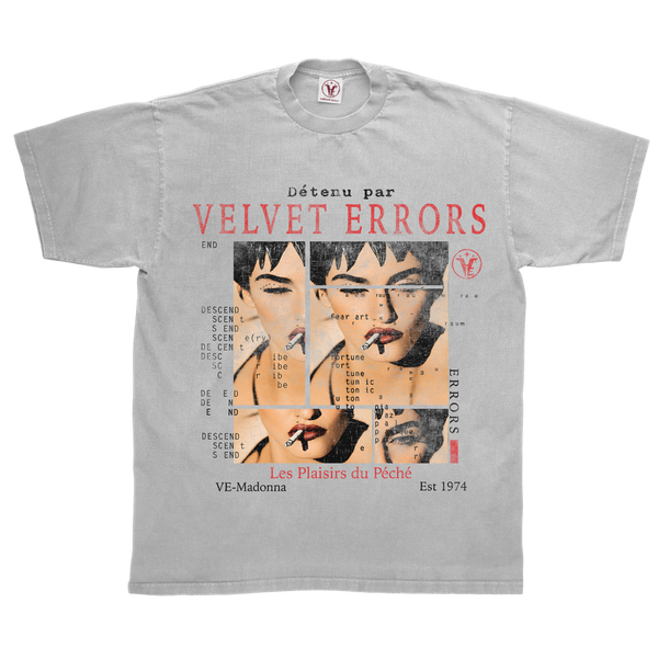 Grey Madonna T-shirt by Velvet Errors featuring classic Madonna graphic on soft cotton fabric.