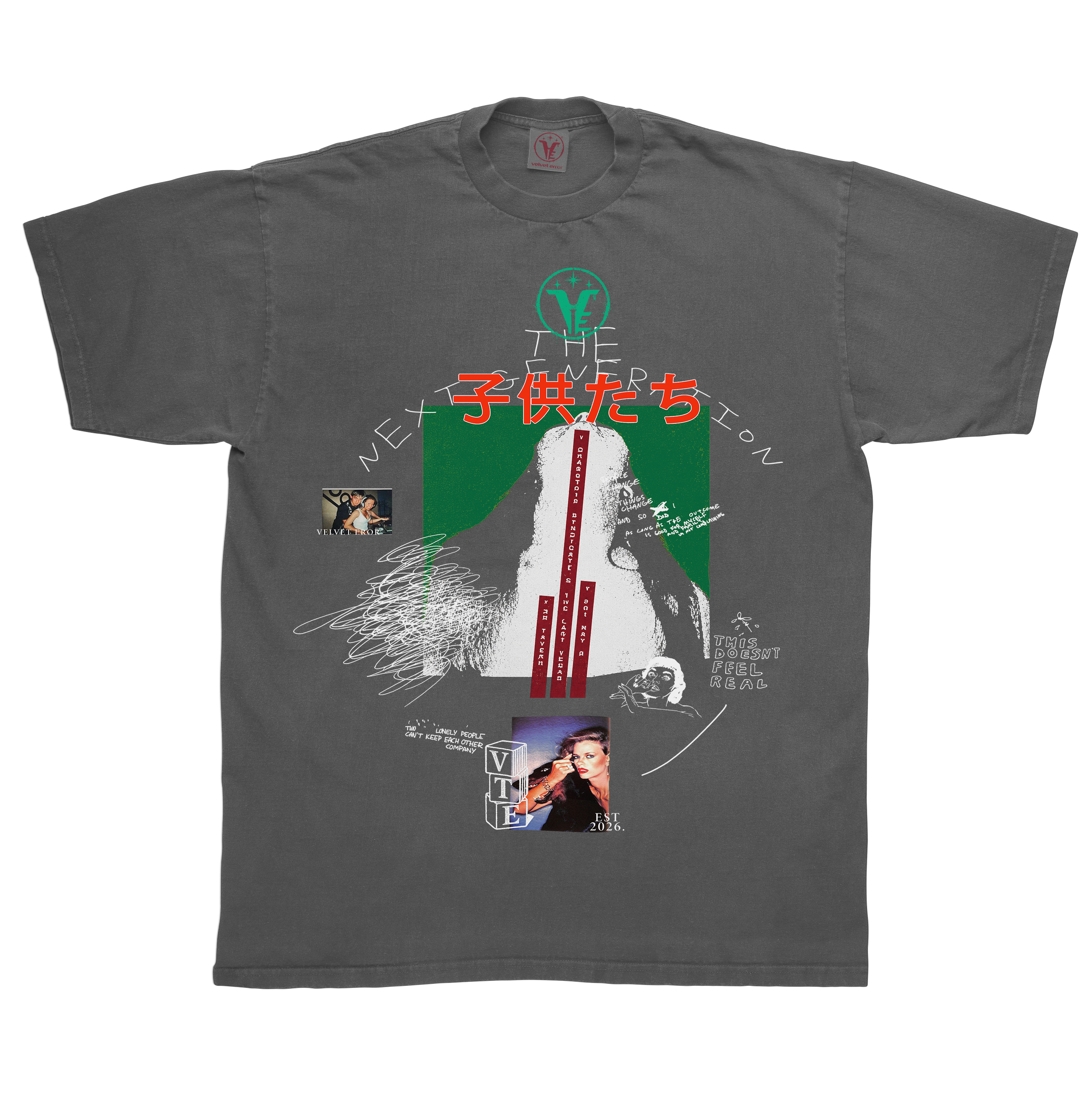 Grey Next Generation Tee by Velvet Errors, featuring a relaxed fit and modern design, displayed on a plain background.