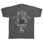 Gray True Lies Tee by Velvet Errors featuring a relaxed fit and classic crew neckline, displayed on a mannequin.