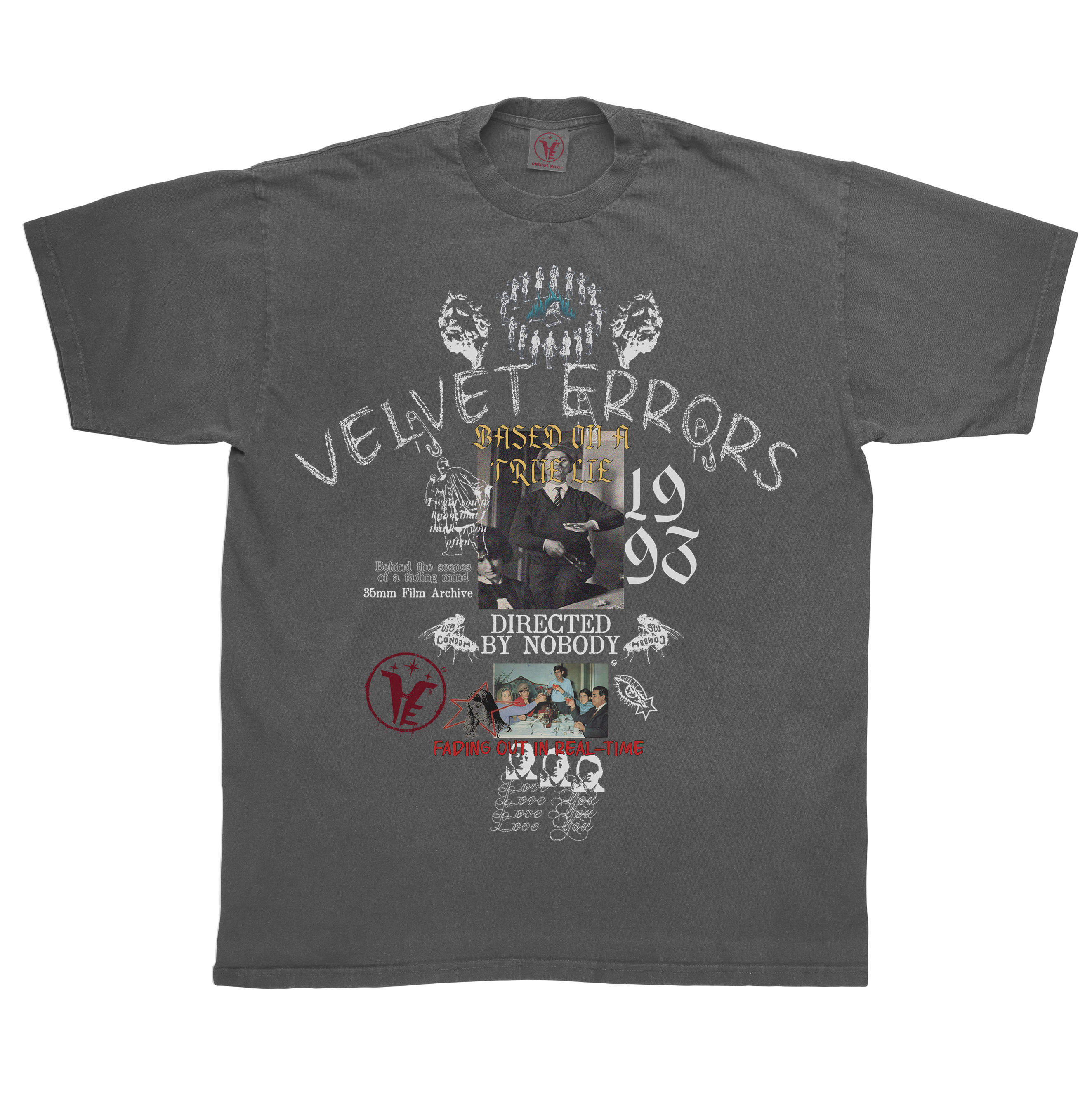 Gray True Lies Tee by Velvet Errors featuring a relaxed fit and classic crew neckline, displayed on a mannequin.