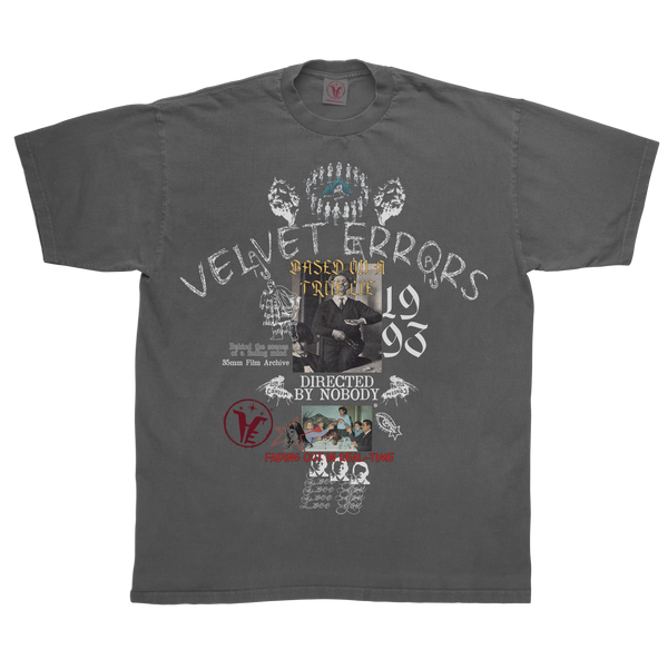 Gray True Lies Tee by Velvet Errors featuring a relaxed fit and classic crew neckline, displayed on a mannequin.