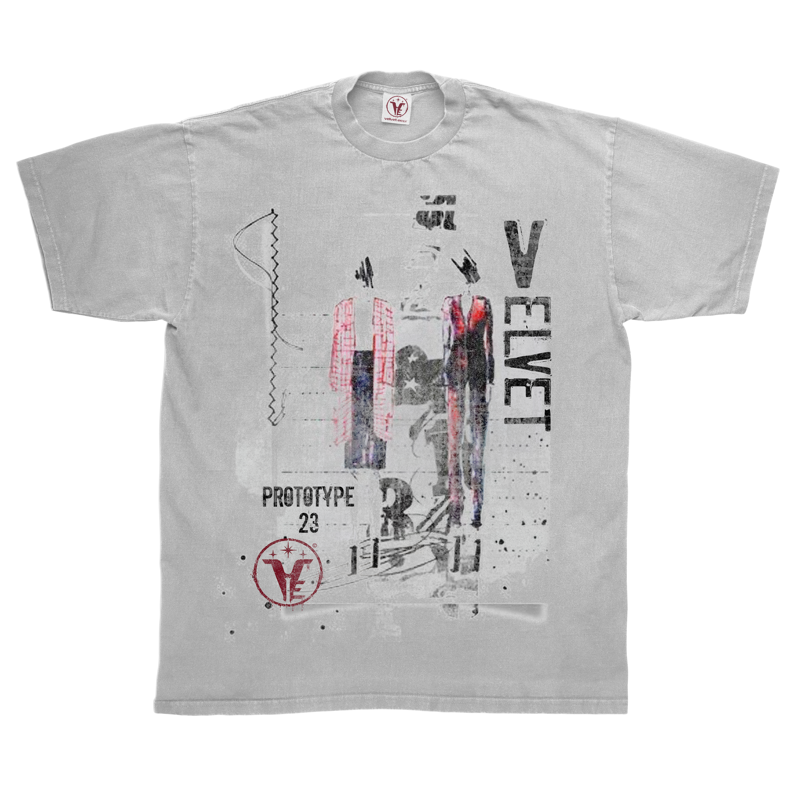 White Prototype23 T-shirt by Velvet Errors displayed on a flat surface with a simple, clean background.