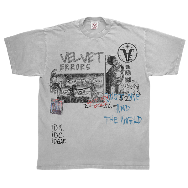 White Velvet Errors Velvet Sins Tee featuring a soft velvet fabric and stylish design, displayed on a hanger.