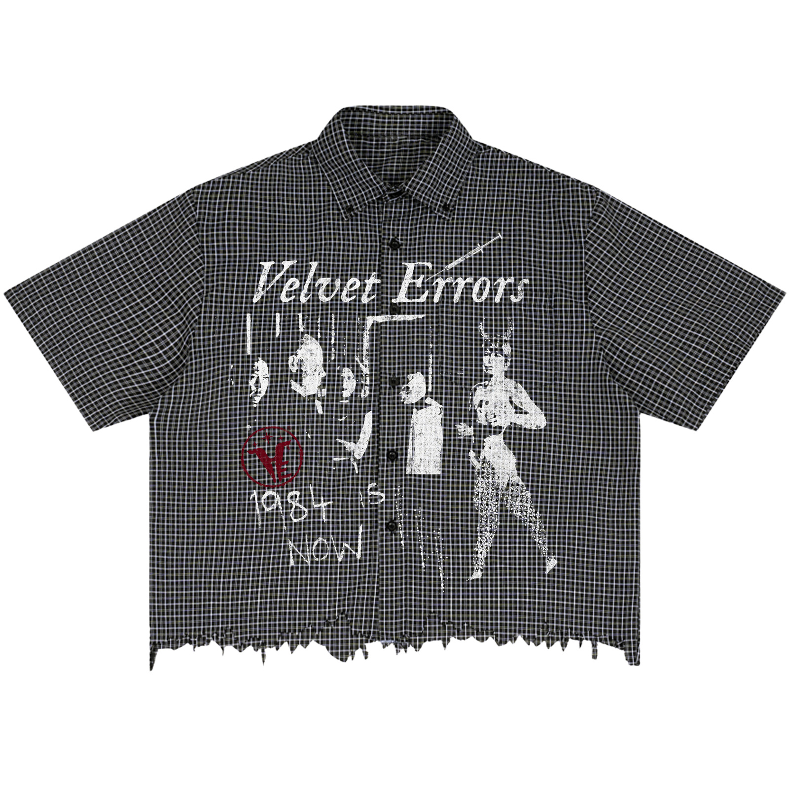 Black distressed button-up shirt by Velvet Errors featuring a casual fit and vintage-inspired design.