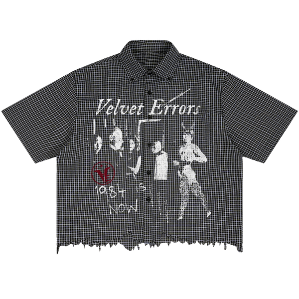 Black distressed button-up shirt by Velvet Errors featuring a casual fit and vintage-inspired design.