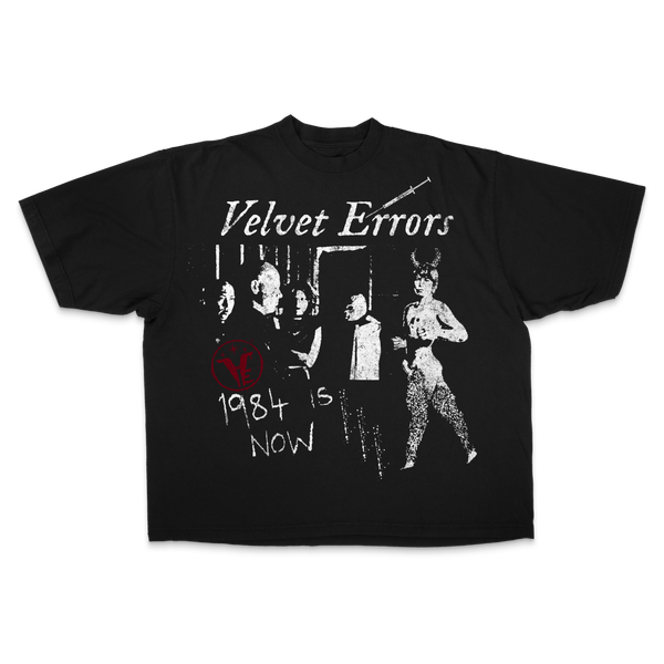 Black 1984 Drop Tee by Velvet Errors featuring a minimalist design and comfortable cotton fabric.