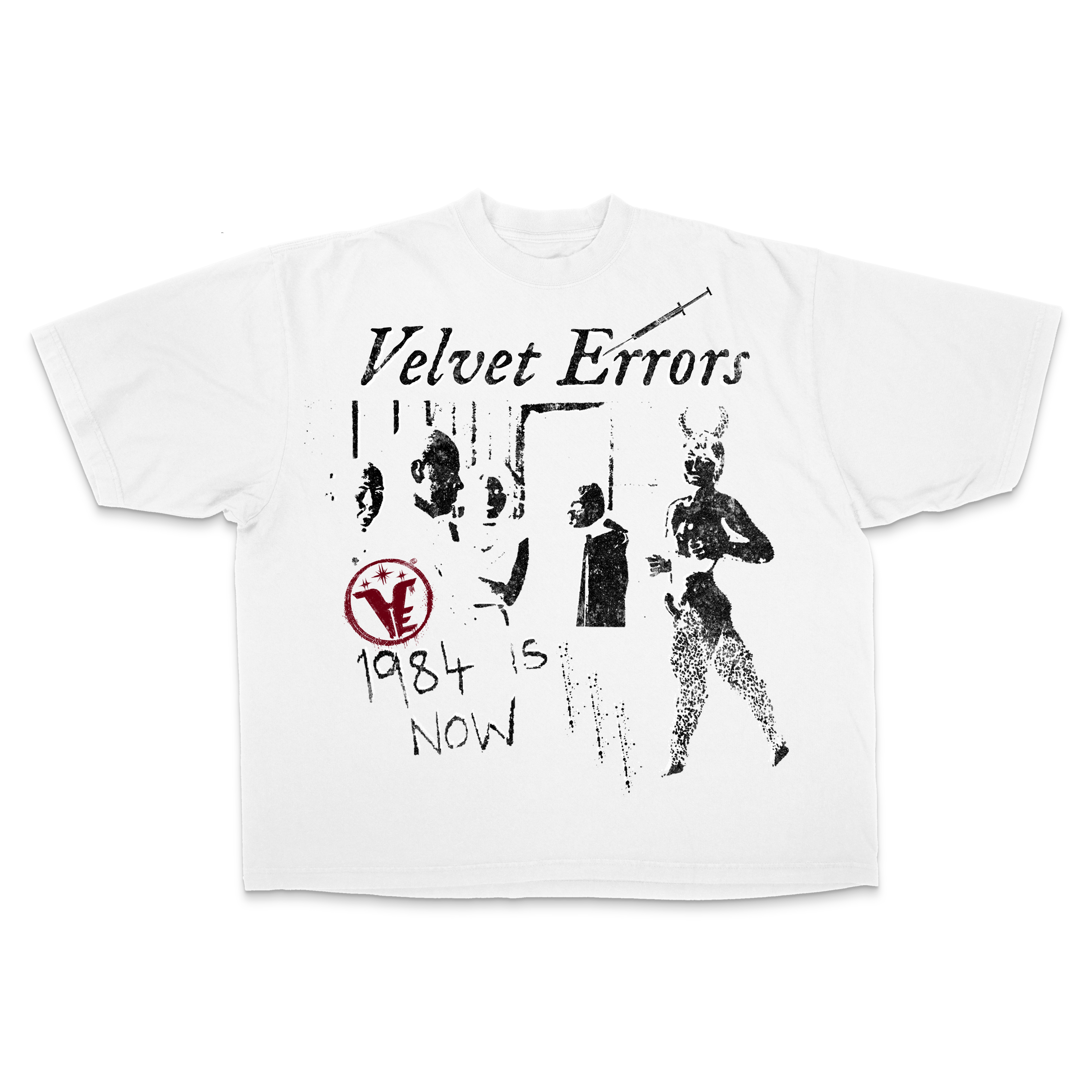 Black 1984 Drop Tee by Velvet Errors featuring a minimalist graphic design on soft cotton fabric.