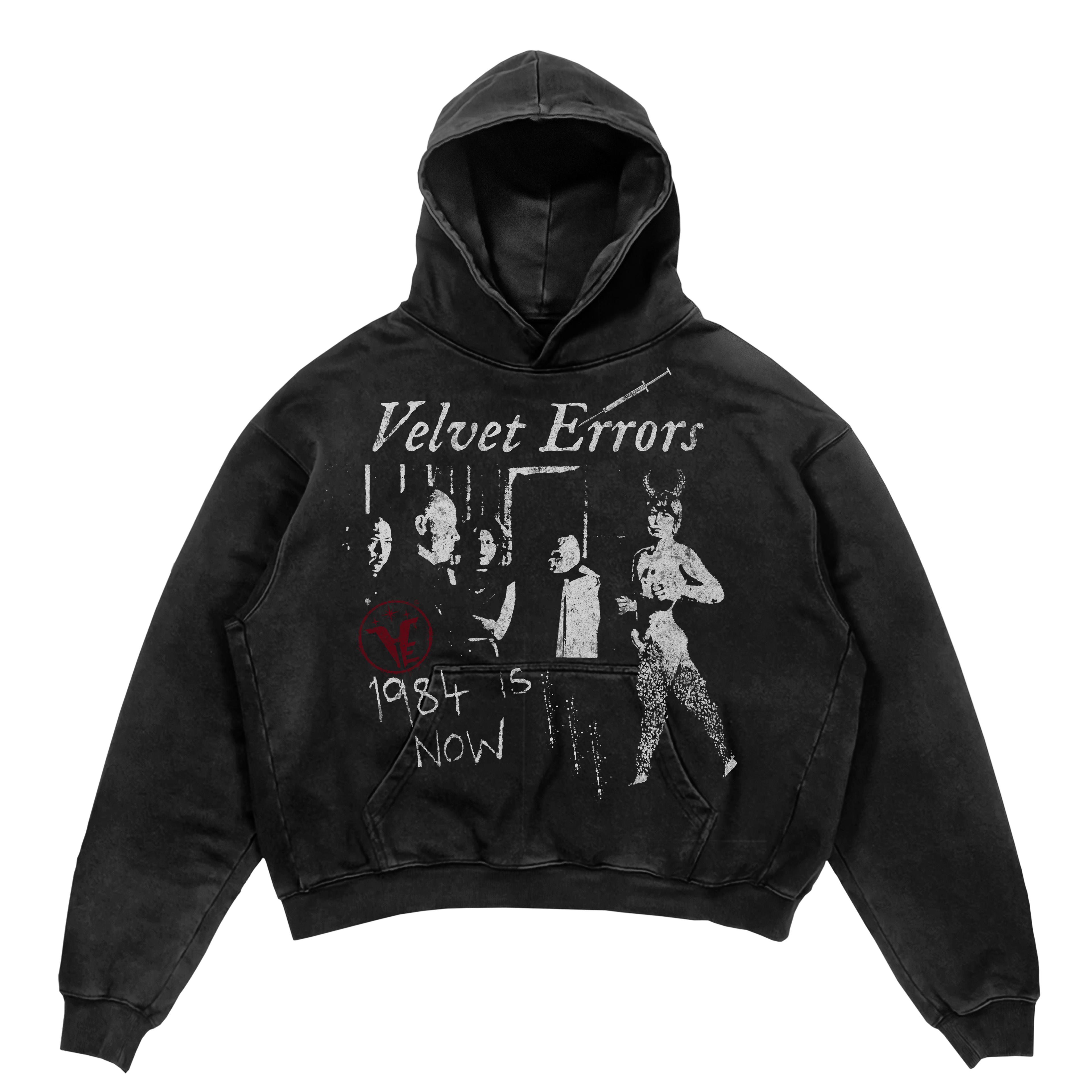 Black Velvet Errors 1984 hoodie with front print, soft fabric, and adjustable drawstrings, perfect for casual wear.