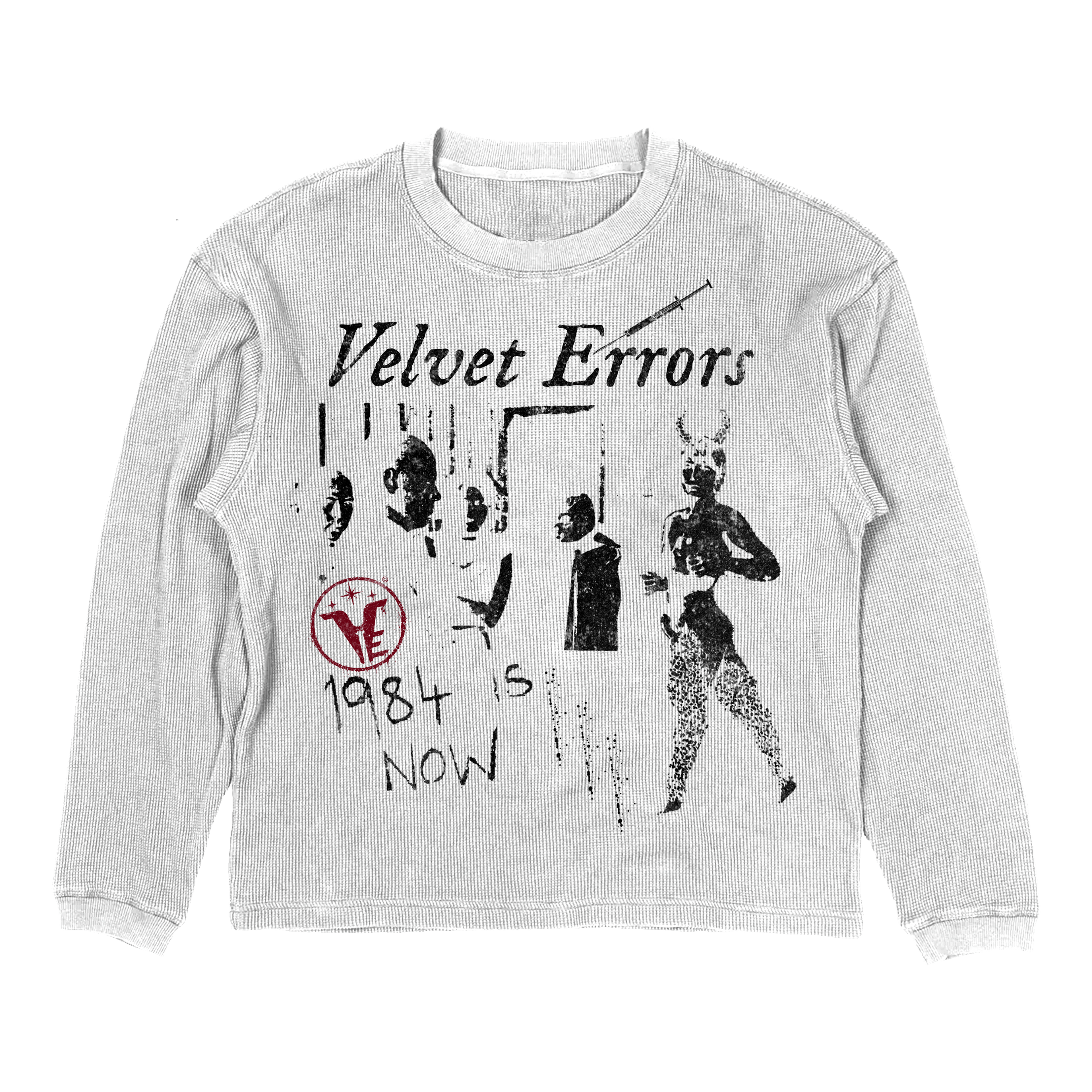 Black Velvet Errors 1984 Thermal shirt with ribbed collar and cuffs, displayed on a hanger.