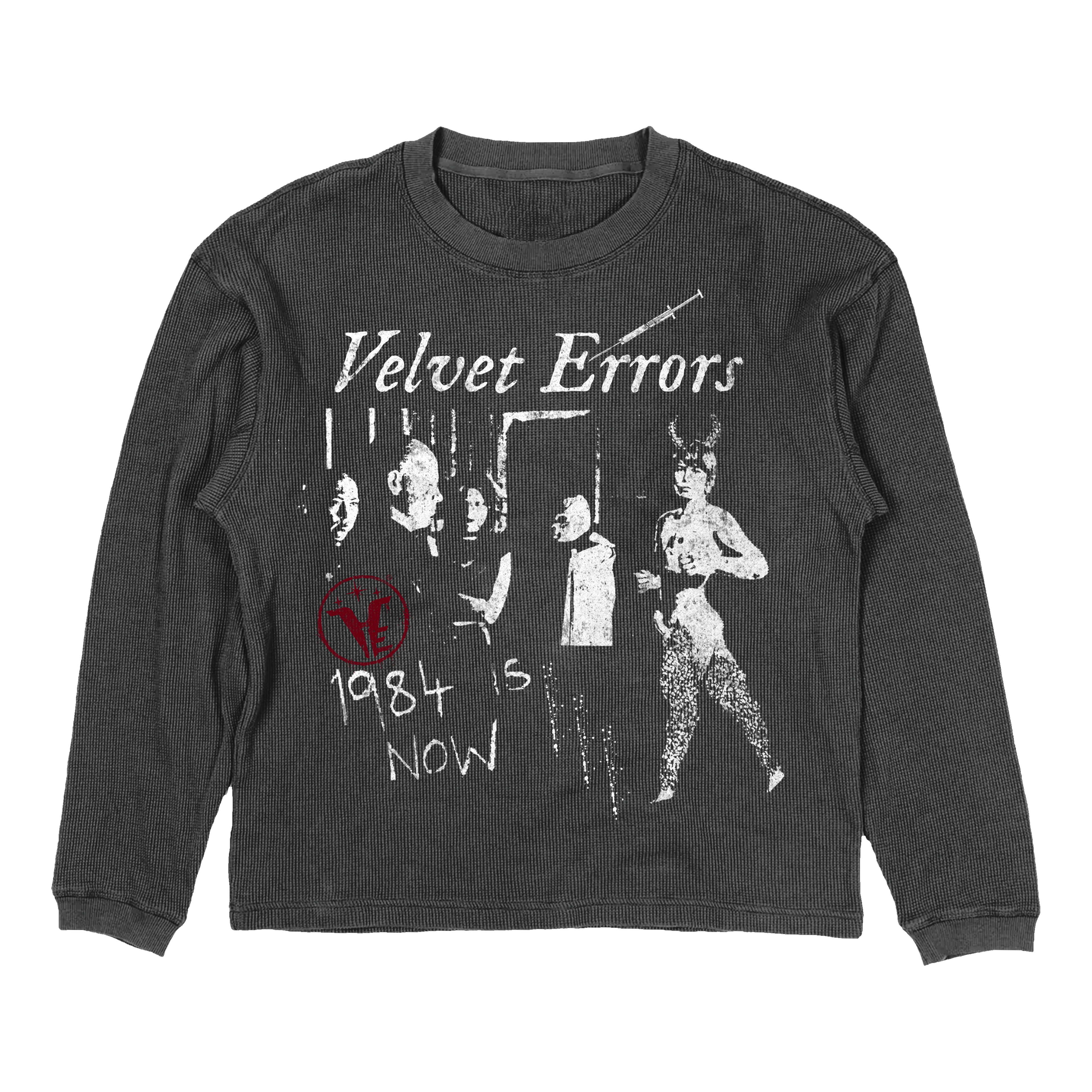 Small black 1984 Thermal by Velvet Errors, soft fabric shirt with printed design, close-up of the thermal top's fabric and details.