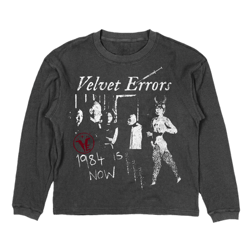 Small black 1984 Thermal by Velvet Errors, soft fabric shirt with printed design, close-up of the thermal top's fabric and details.