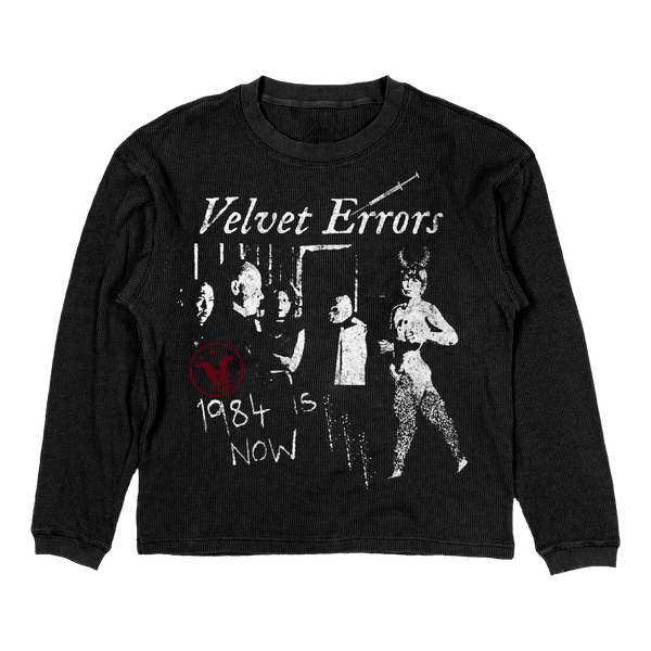 Black 1984 Thermal by Velvet Errors, soft fleece fabric with "1984" print, perfect for cozy casual wear.