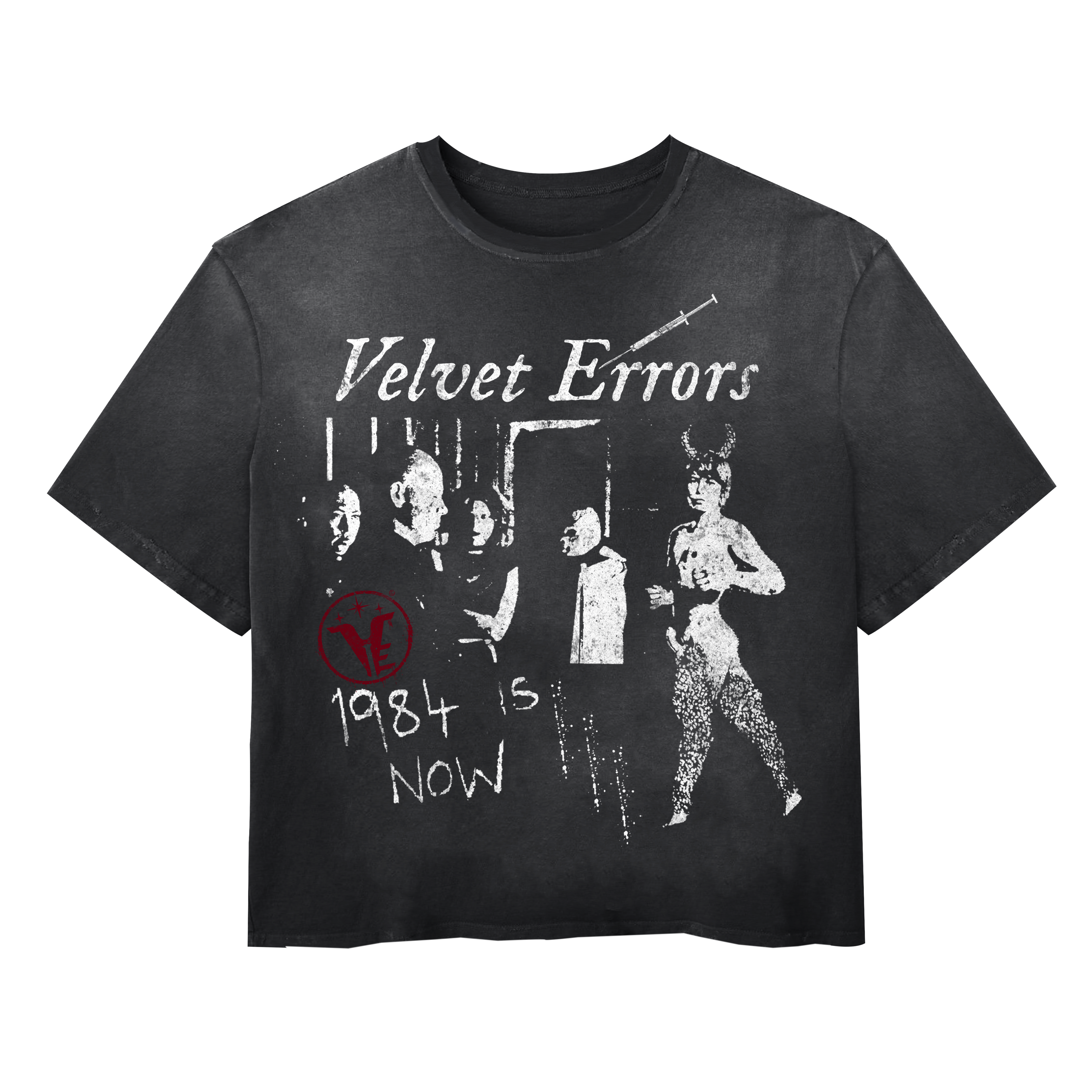 Black 1984 Wash Tee by Velvet Errors featuring a vintage-inspired graphic print on soft cotton fabric.