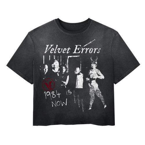 Black 1984 Wash Tee by Velvet Errors featuring a vintage-inspired graphic print on soft cotton fabric.