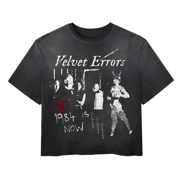 Black 1984 Wash Tee by Velvet Errors featuring a vintage-inspired graphic print on soft cotton fabric.