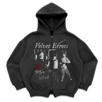Black Velvet Errors 1984 zip-up hoodie with front zipper and logo details, casual and comfortable clothing for everyday wear.