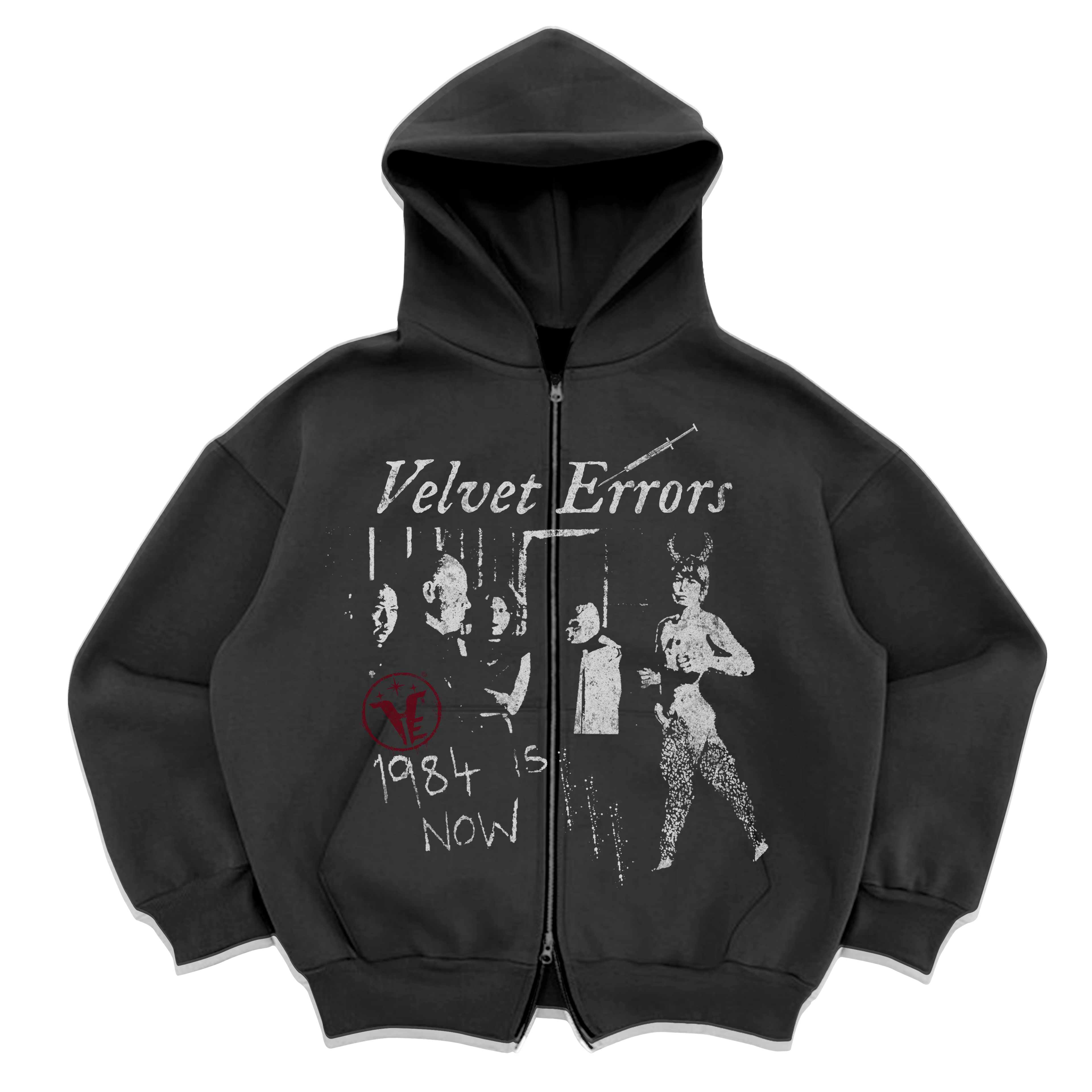 Black Velvet Errors 1984 zip-up hoodie with front zipper and logo details, casual and comfortable clothing for everyday wear.