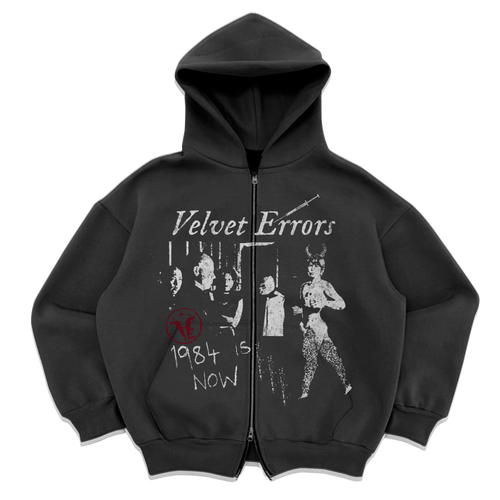 Black Velvet Errors 1984 zip-up hoodie with front zipper and logo details, casual and comfortable clothing for everyday wear.