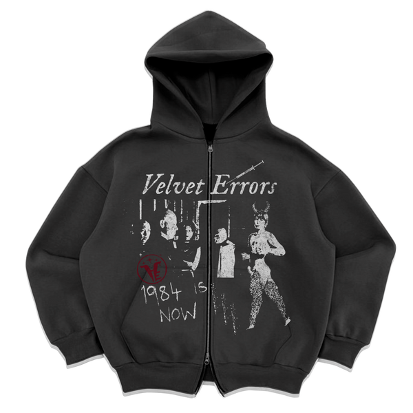 Black Velvet Errors 1984 zip-up hoodie with front zipper and logo details, casual and comfortable clothing for everyday wear.
