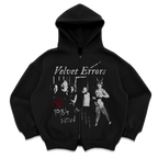 Black Velvet Errors 1984 zip-up hoodie with front zipper, soft fabric, and minimalist design.