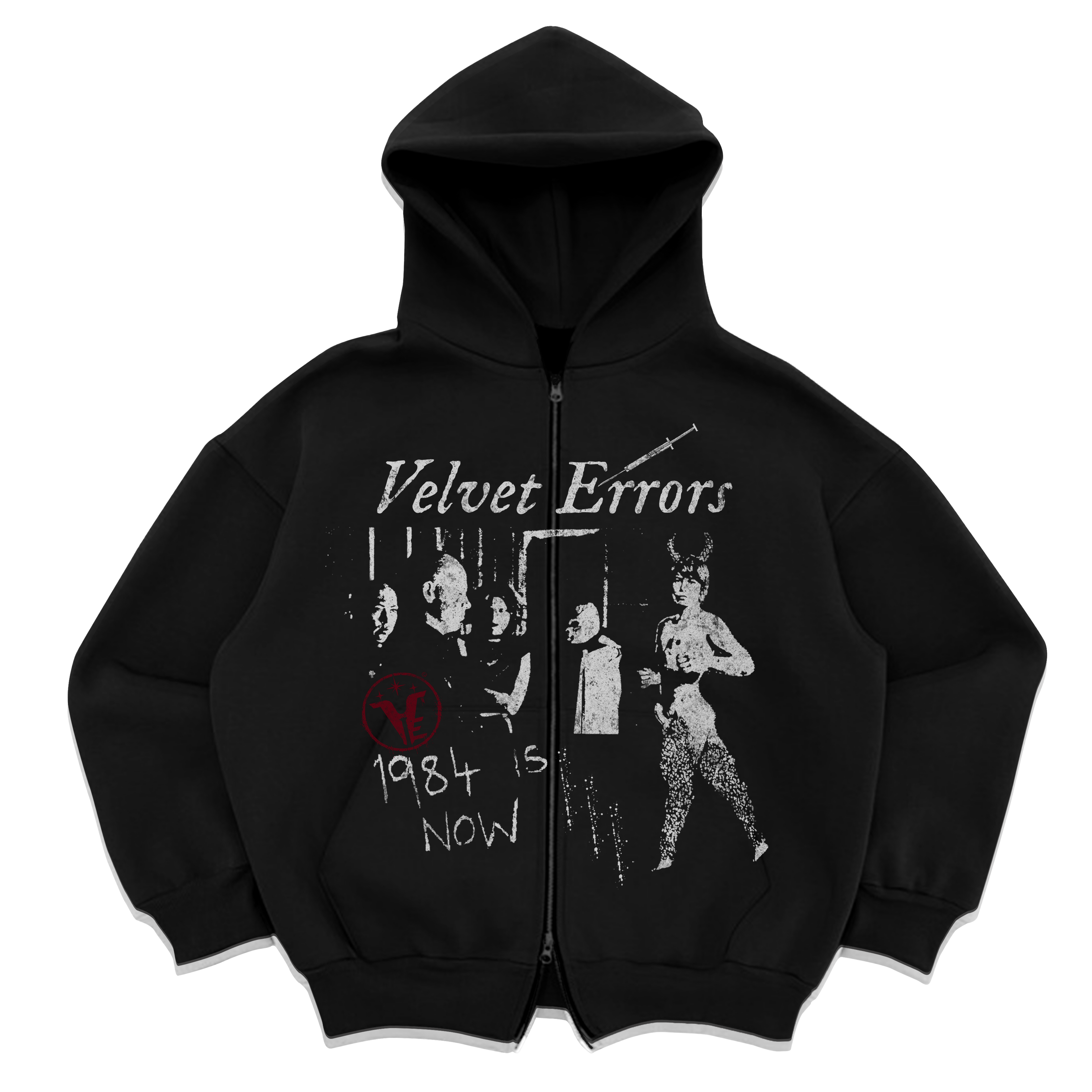 Black Velvet Errors 1984 zip-up hoodie with front zipper, soft fabric, and minimalist design.