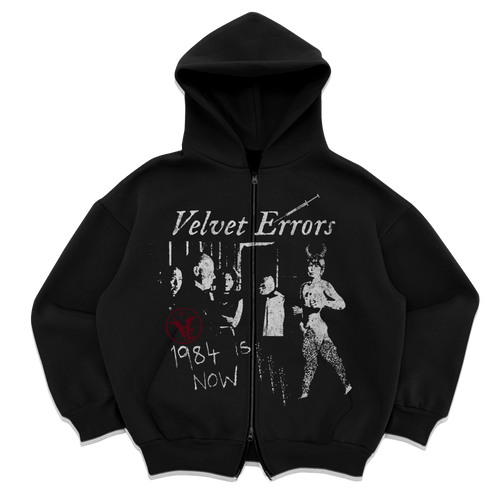 Black Velvet Errors 1984 zip-up hoodie with front zipper, soft fabric, and minimalist design.