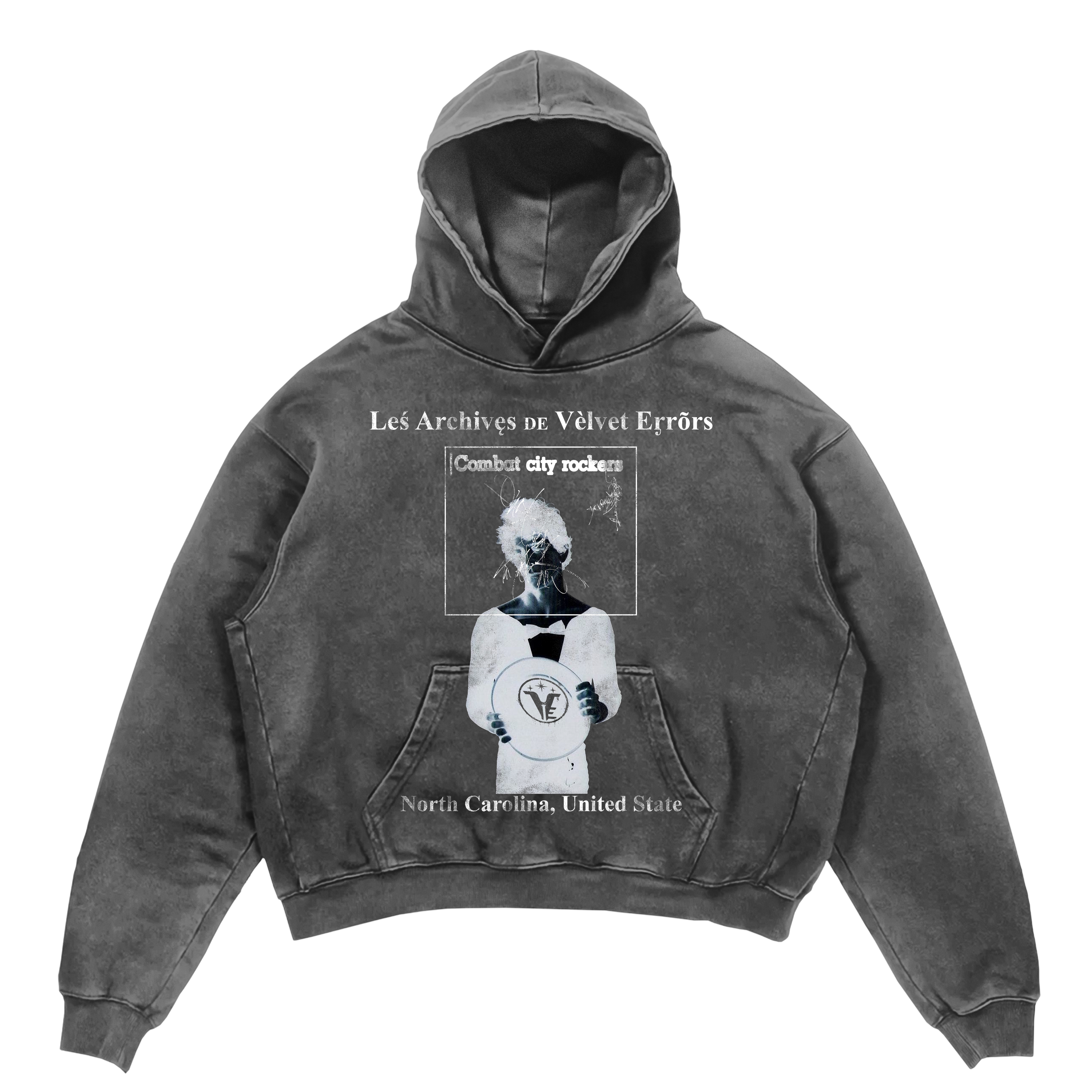 Small black Carolina Hoodie by Velvet Errors, made from soft velvet fabric with a relaxed fit and adjustable drawstrings.