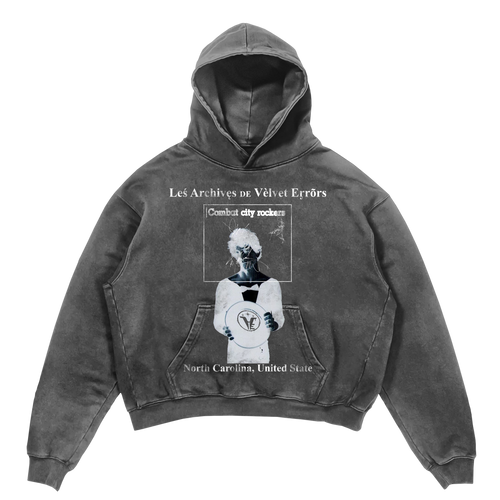 Small black Carolina Hoodie by Velvet Errors, made from soft velvet fabric with a relaxed fit and adjustable drawstrings.