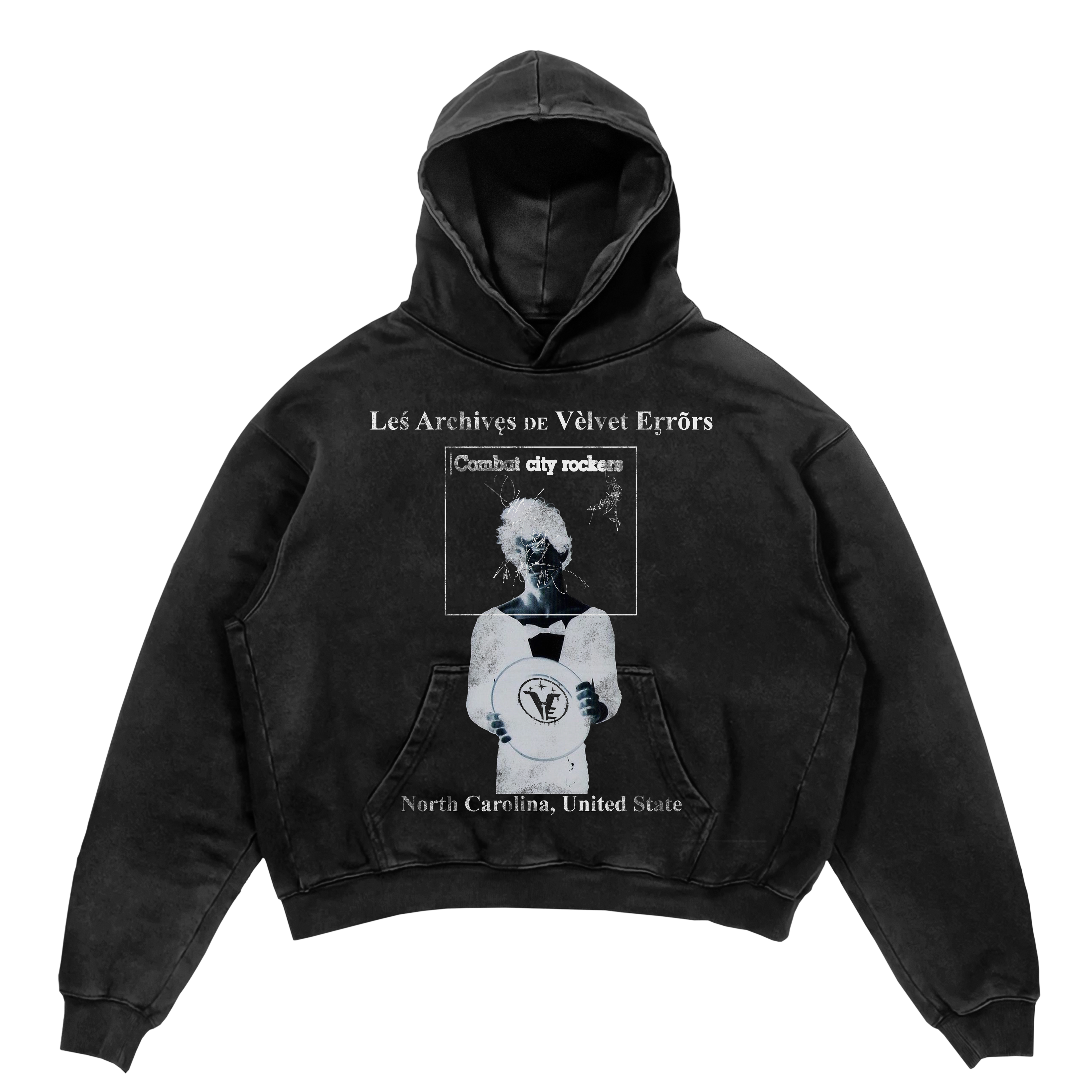 Black Velvet Errors Carolina Hoodie, small size, soft velvet fabric with a casual hoodie design.