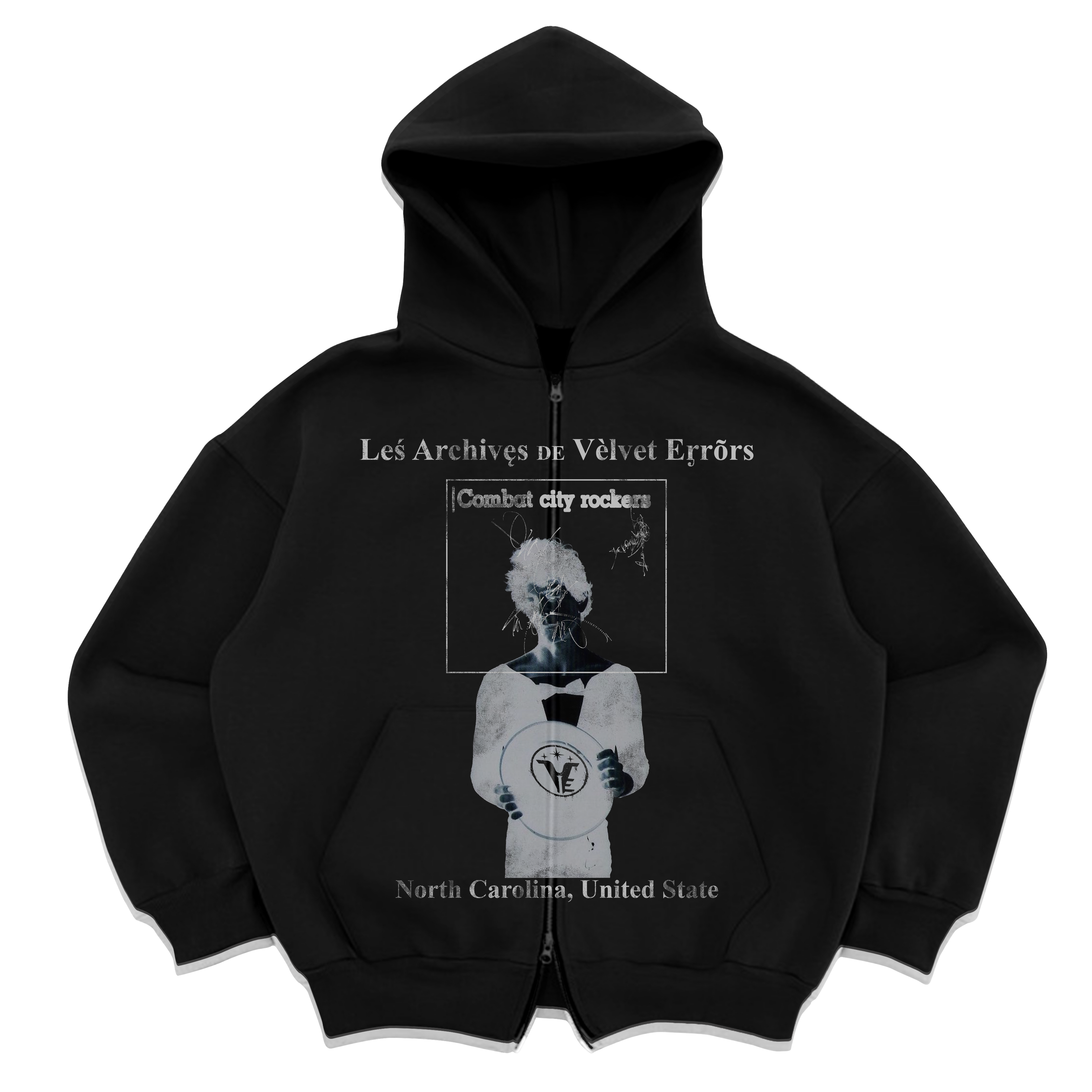 Small black Velvet Errors Carolina Zip Up hoodie with front zipper and hood, made of soft velvet fabric.