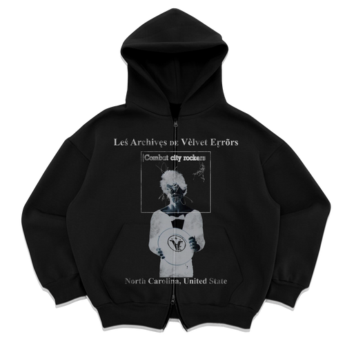 Small black Velvet Errors Carolina Zip Up hoodie with front zipper and hood, made of soft velvet fabric.