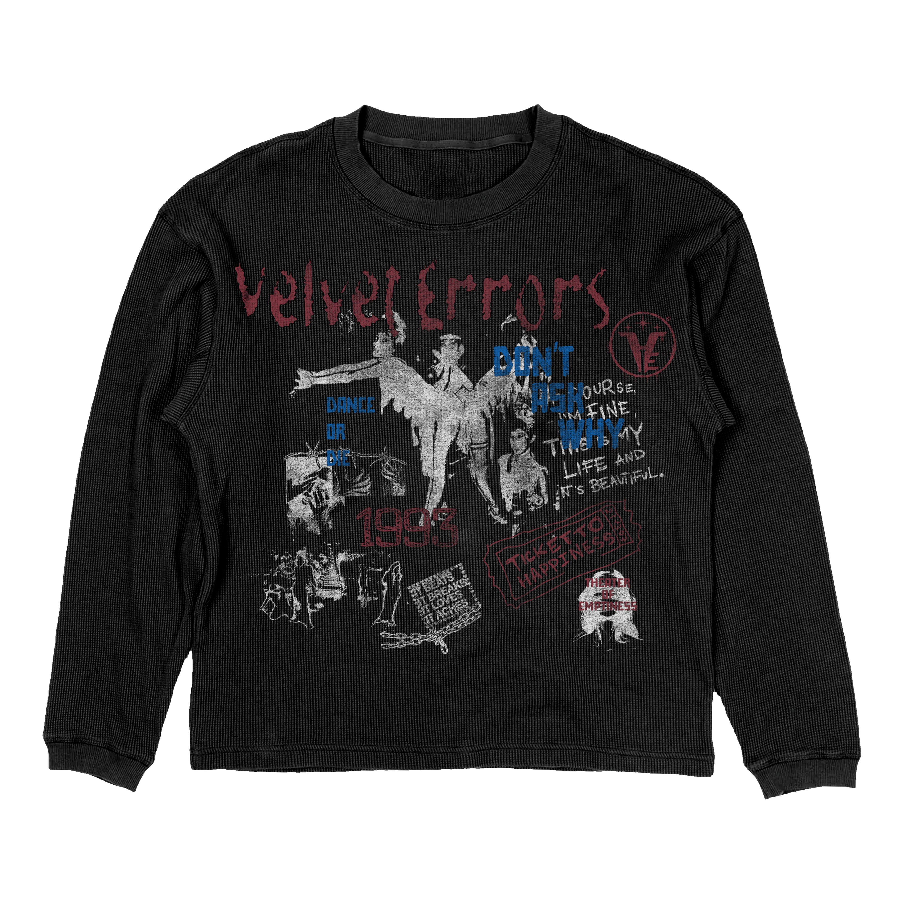 Black velvet errors Dance or Die thermal shirt featuring bold graphic design, perfect for dance or casual wear.