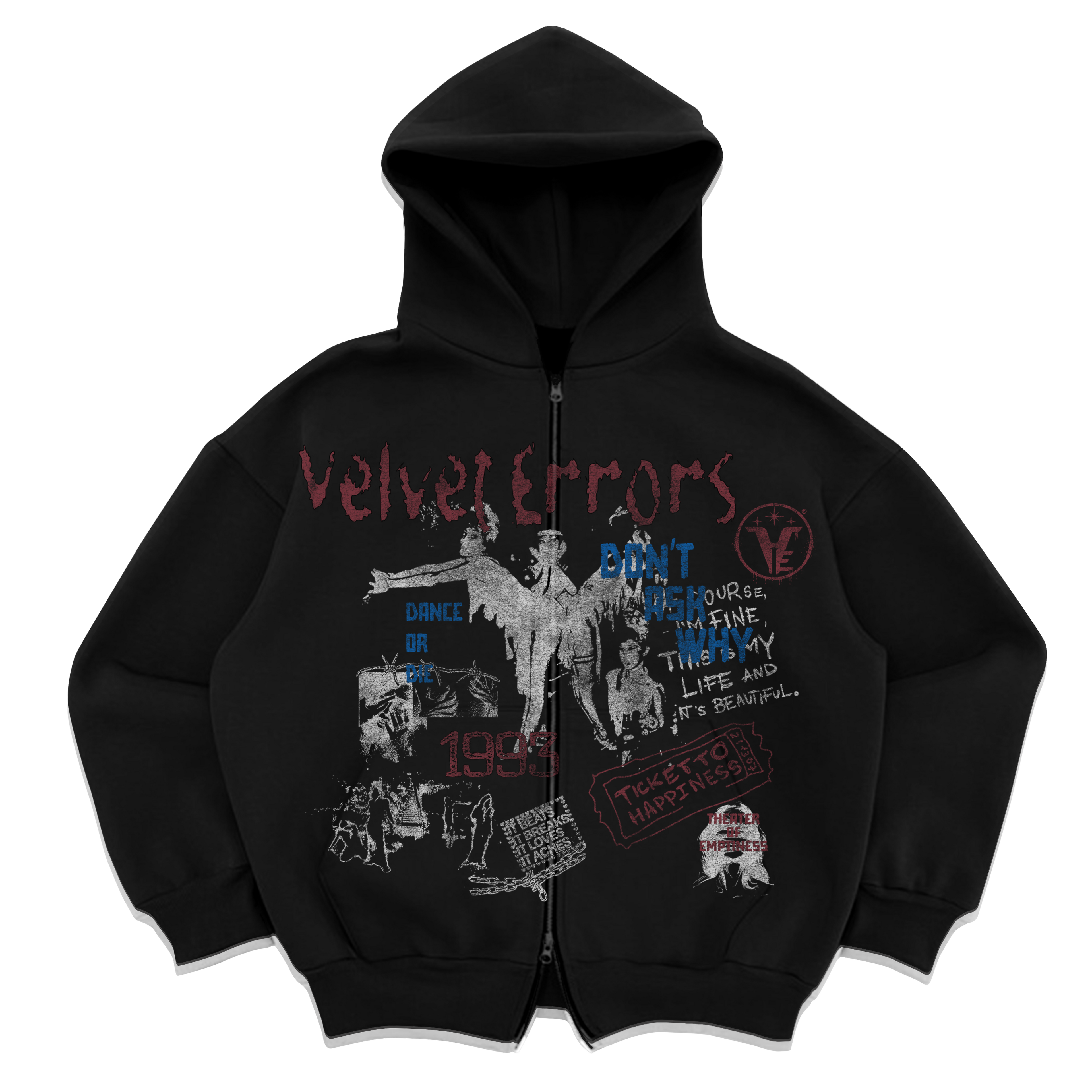 Black Velvet Errors Dance or Die zip-up hoodie with front zipper and logo design on the chest.