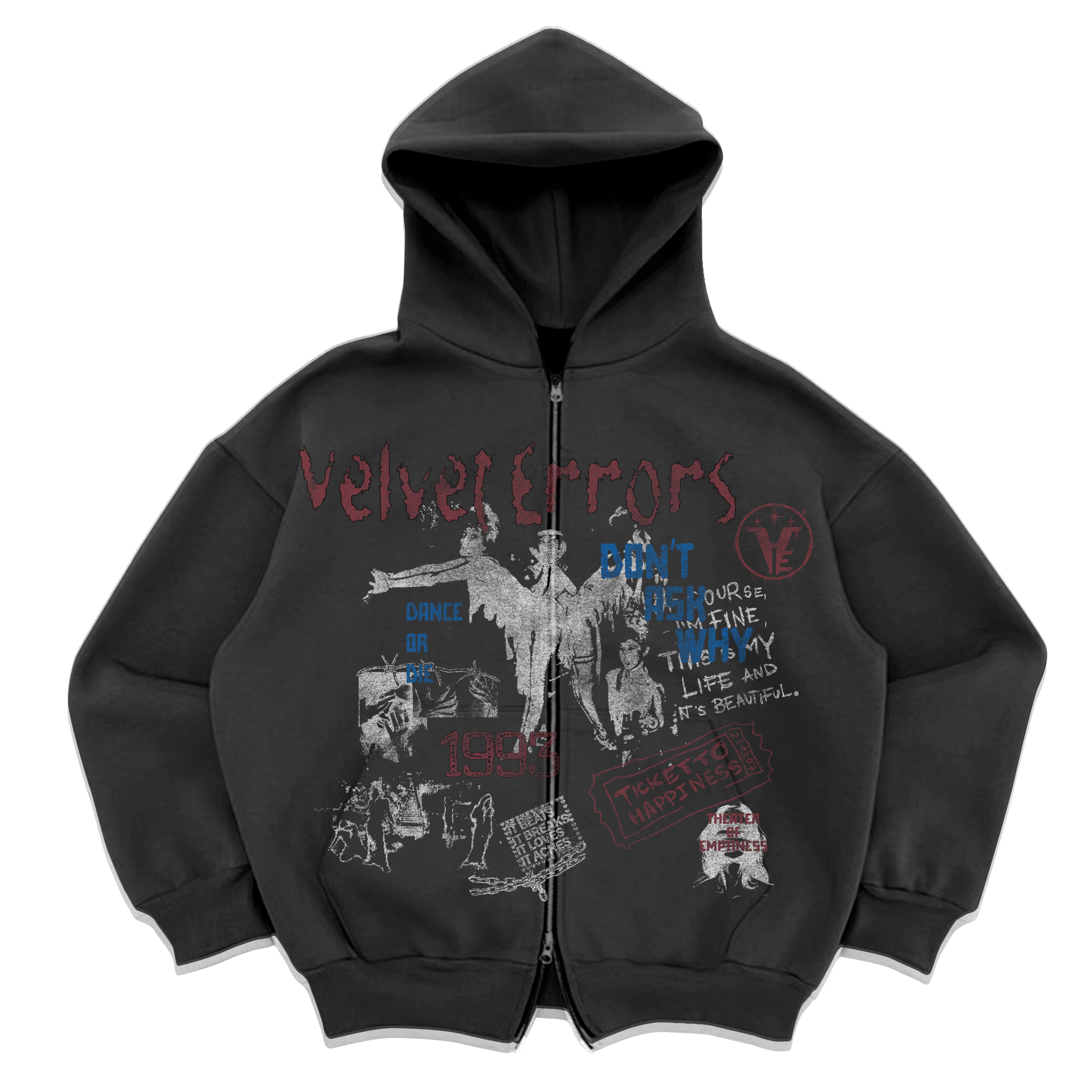 Black Velvet Errors Dance or Die zip-up hoodie with front zipper and graphic design, casual streetwear style.