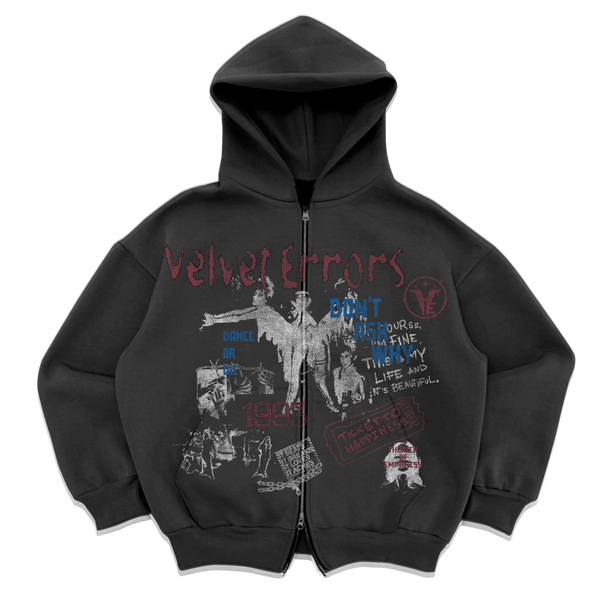 Black Velvet Errors Dance or Die zip-up hoodie with front zipper and graphic design, casual streetwear style.