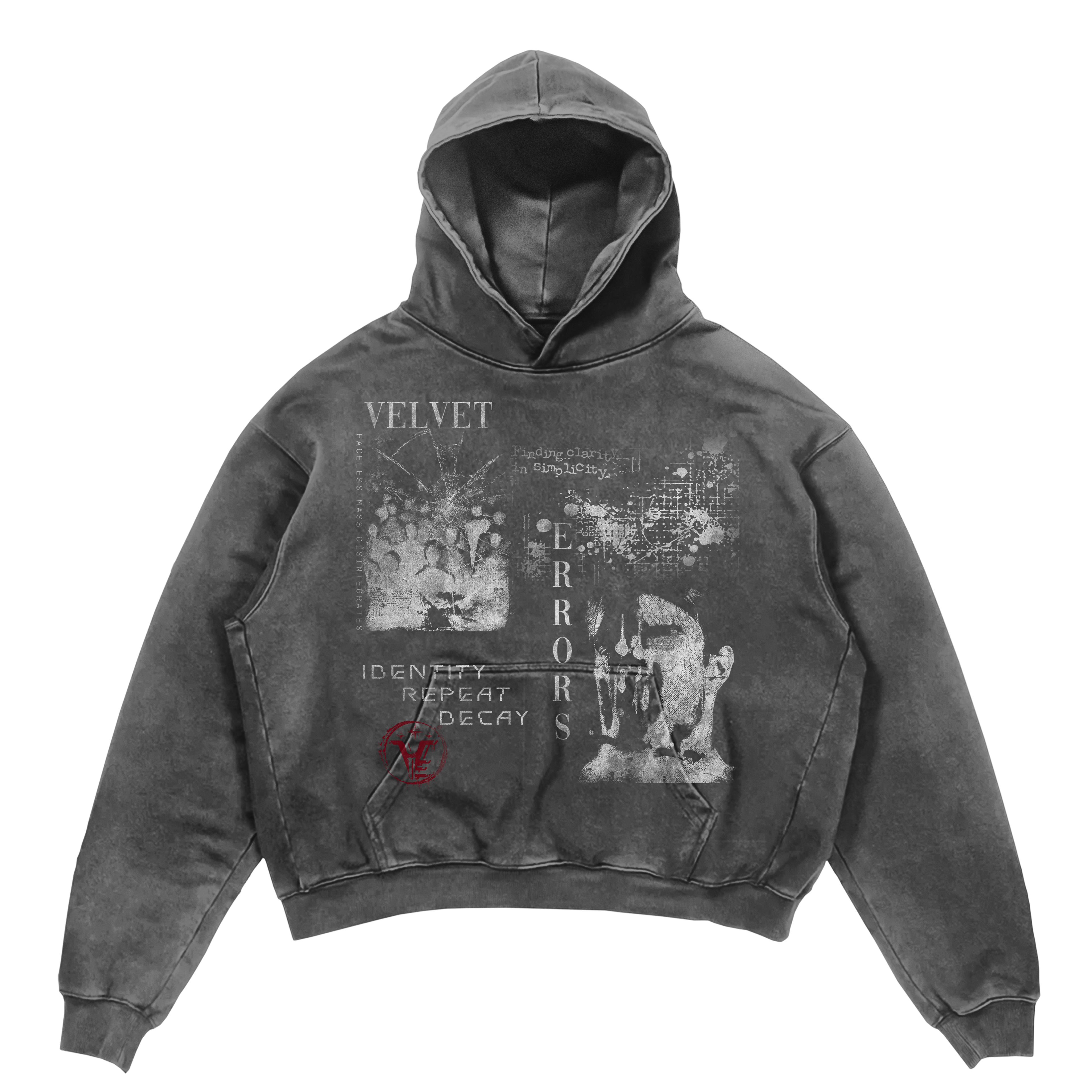 Black Decay Hoodie by Velvet Errors, featuring a distressed design and soft fabric, shown on a model.