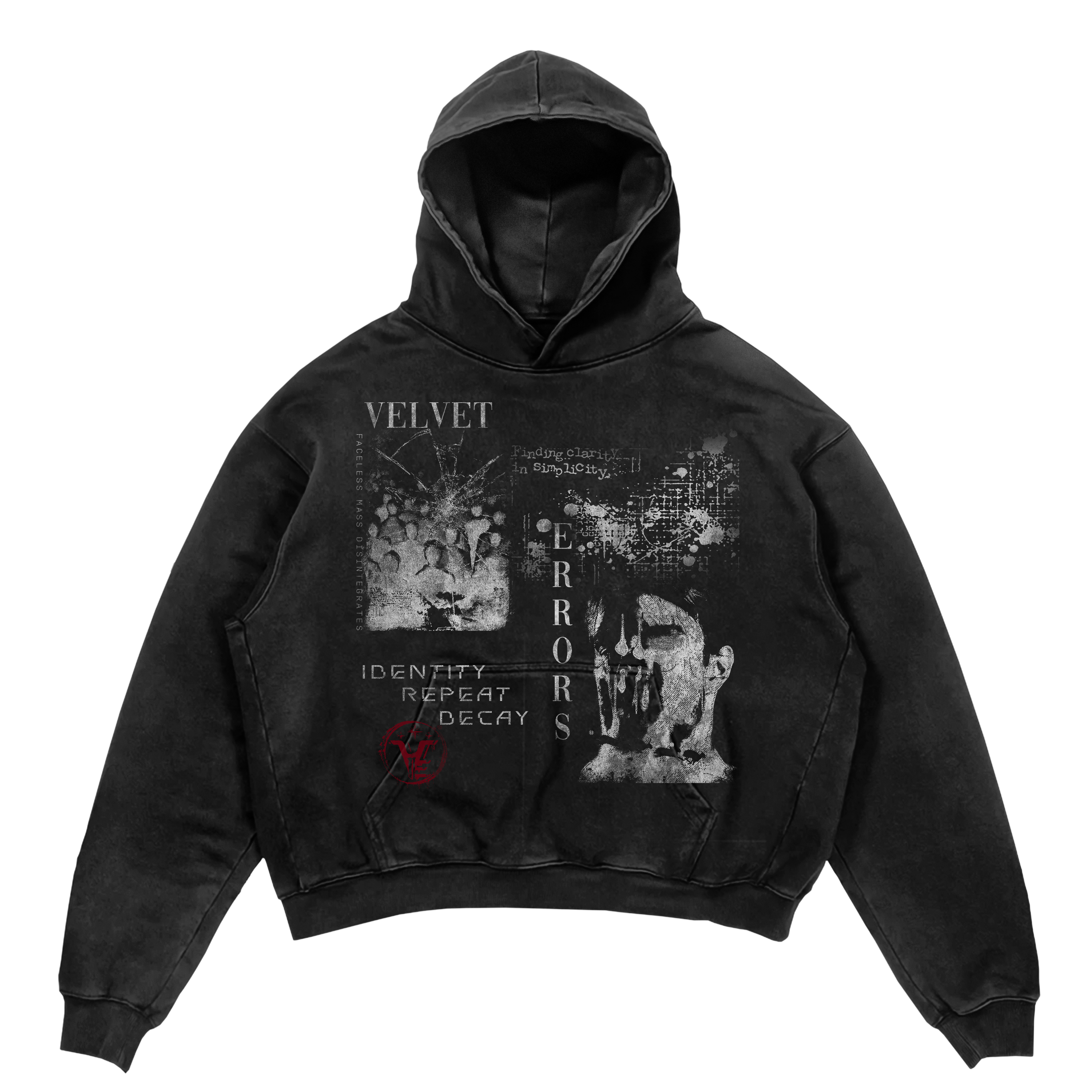 Black Decay Hoodie by Velvet Errors featuring a soft fabric and relaxed fit, shown with a casual streetwear style.