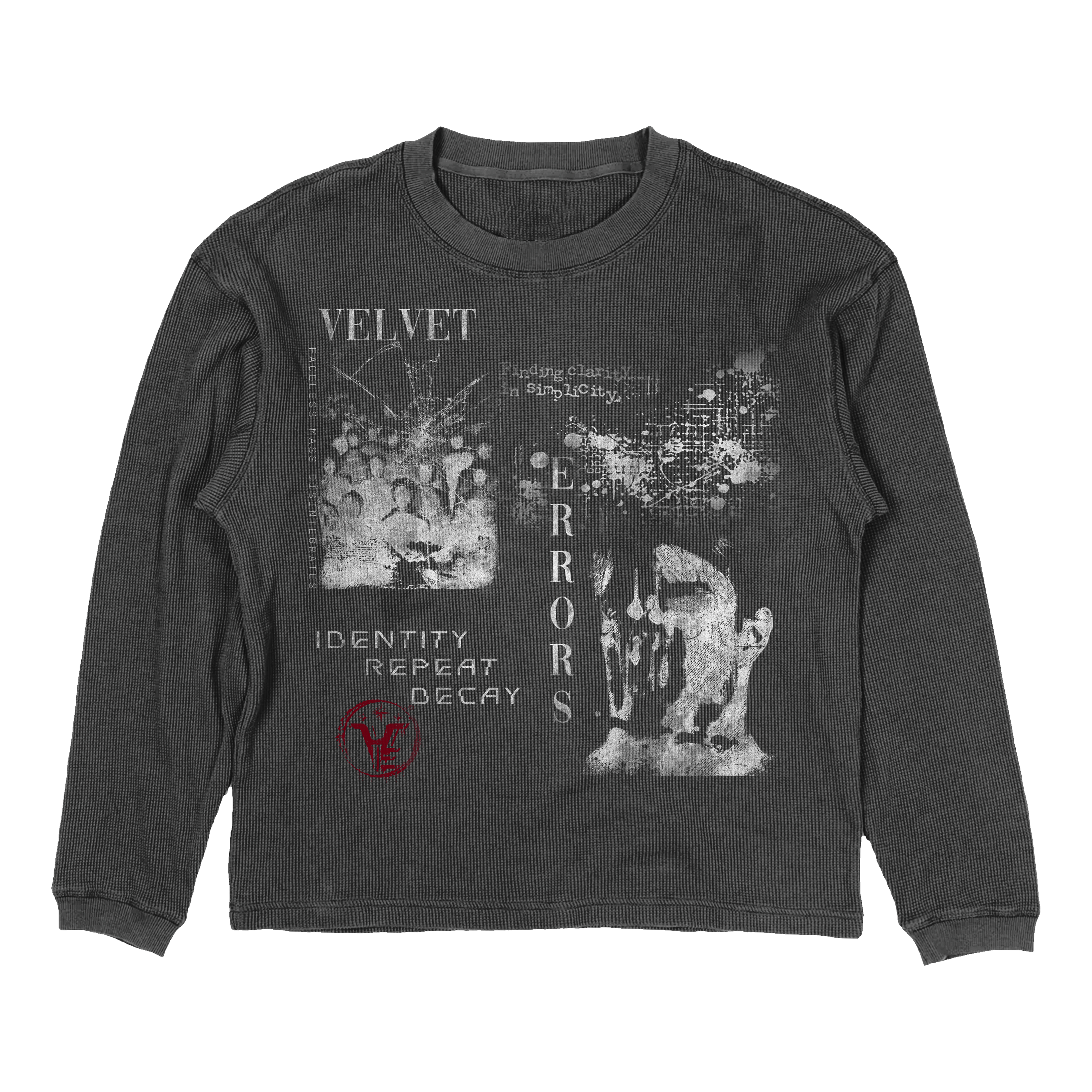 Small black Decay Thermal by Velvet Errors, with textured velvet fabric and subtle decay design, close-up view.