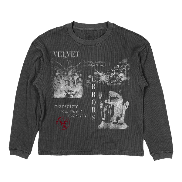 Small black Decay Thermal by Velvet Errors, with textured velvet fabric and subtle decay design, close-up view.