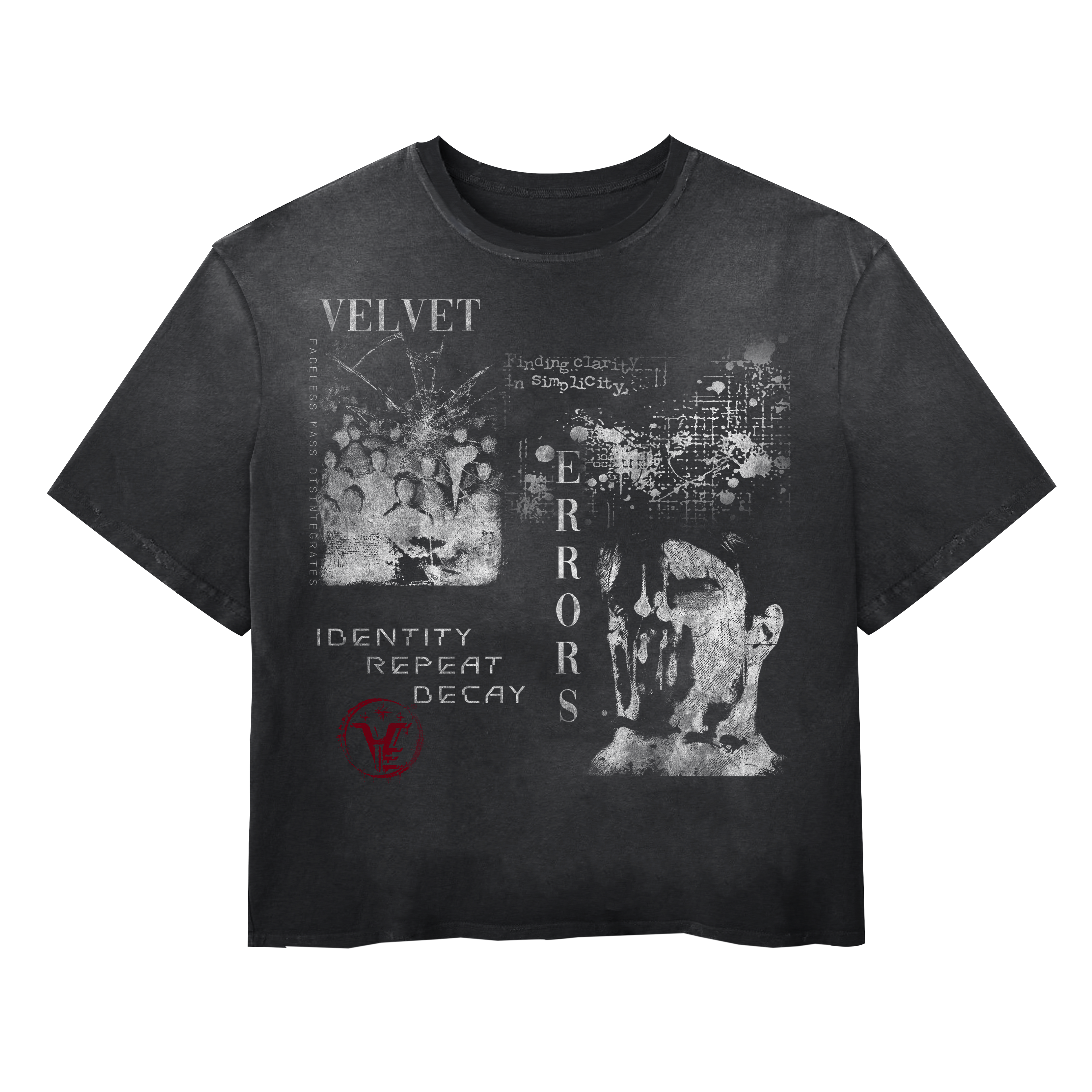 Black Decay Wash Tee by Velvet Errors, featuring distressed fabric and casual fit, shown on a plain background.