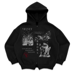 Black Velvet Errors Decay Zip Up hoodie with front zipper and casual fit, styled with a modern urban look.