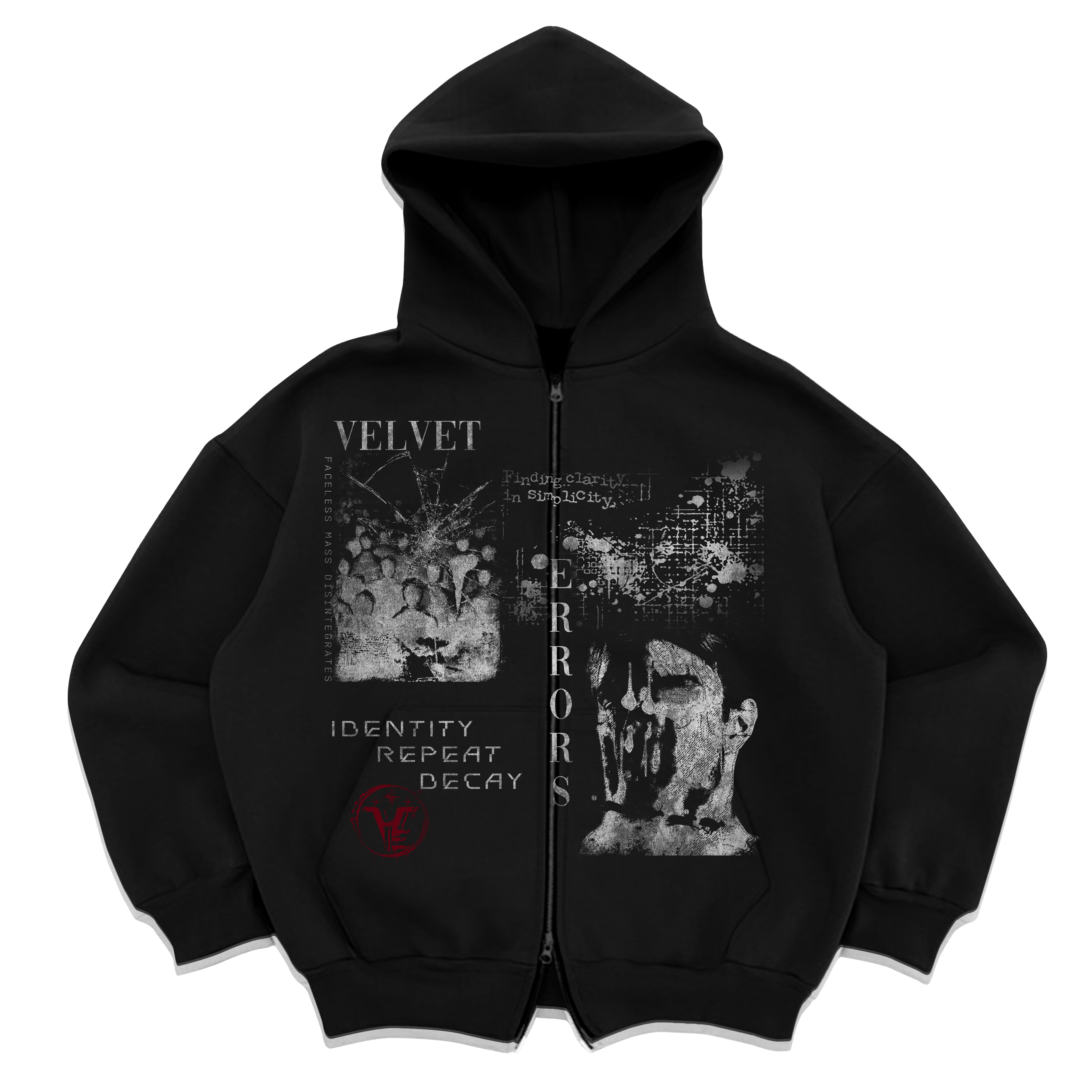 Black Velvet Errors Decay Zip Up hoodie with front zipper and casual fit, styled with a modern urban look.
