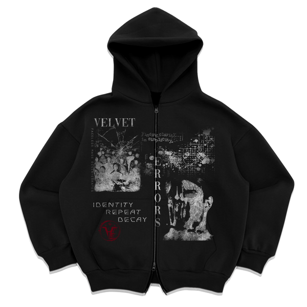 Black Velvet Errors Decay Zip Up hoodie with front zipper and casual fit, styled with a modern urban look.