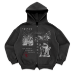 Black Velvet Errors Decay Zip Up hoodie with a distressed design, featuring a front zipper and casual fit.