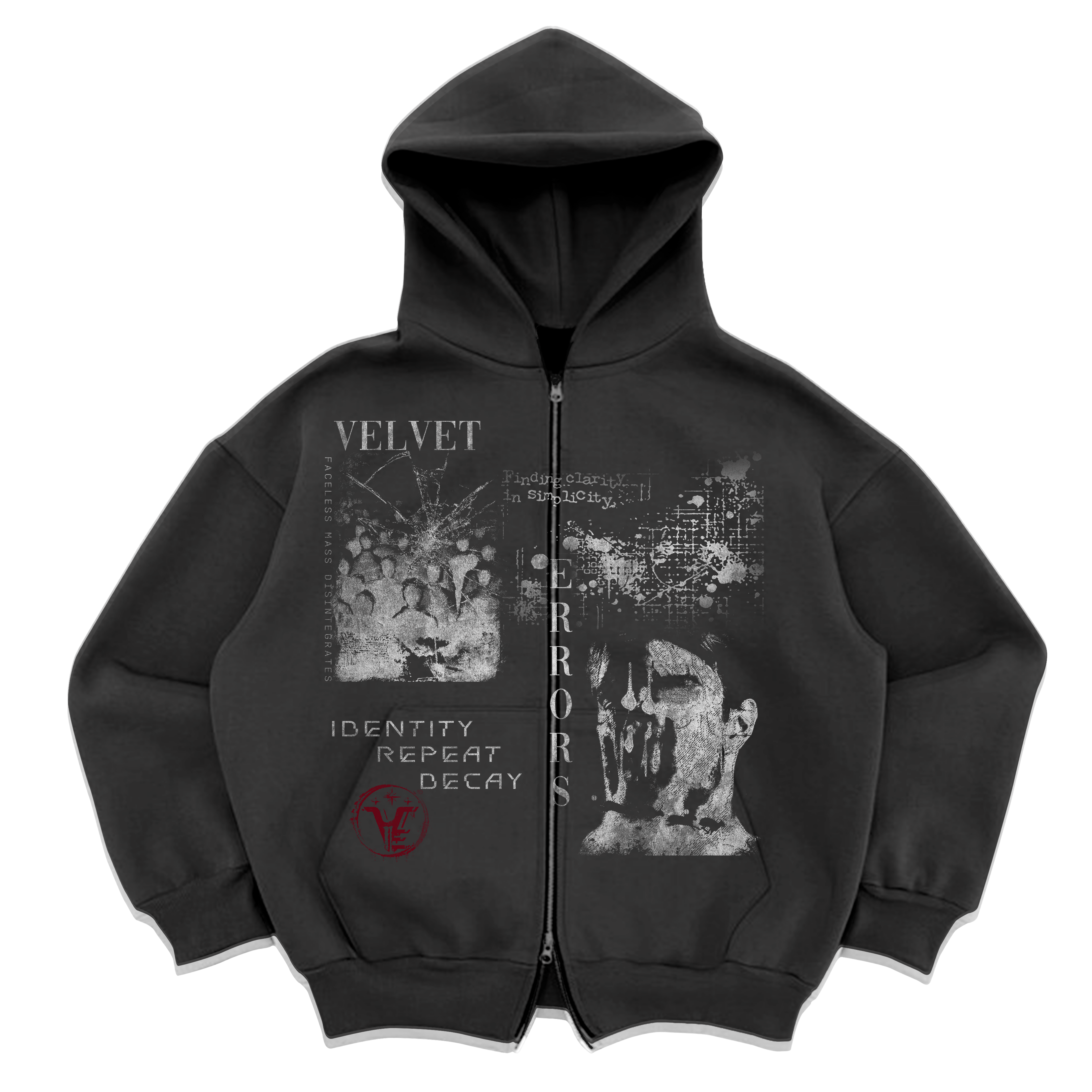 Black Velvet Errors Decay Zip Up hoodie with a distressed design, featuring a front zipper and casual fit.