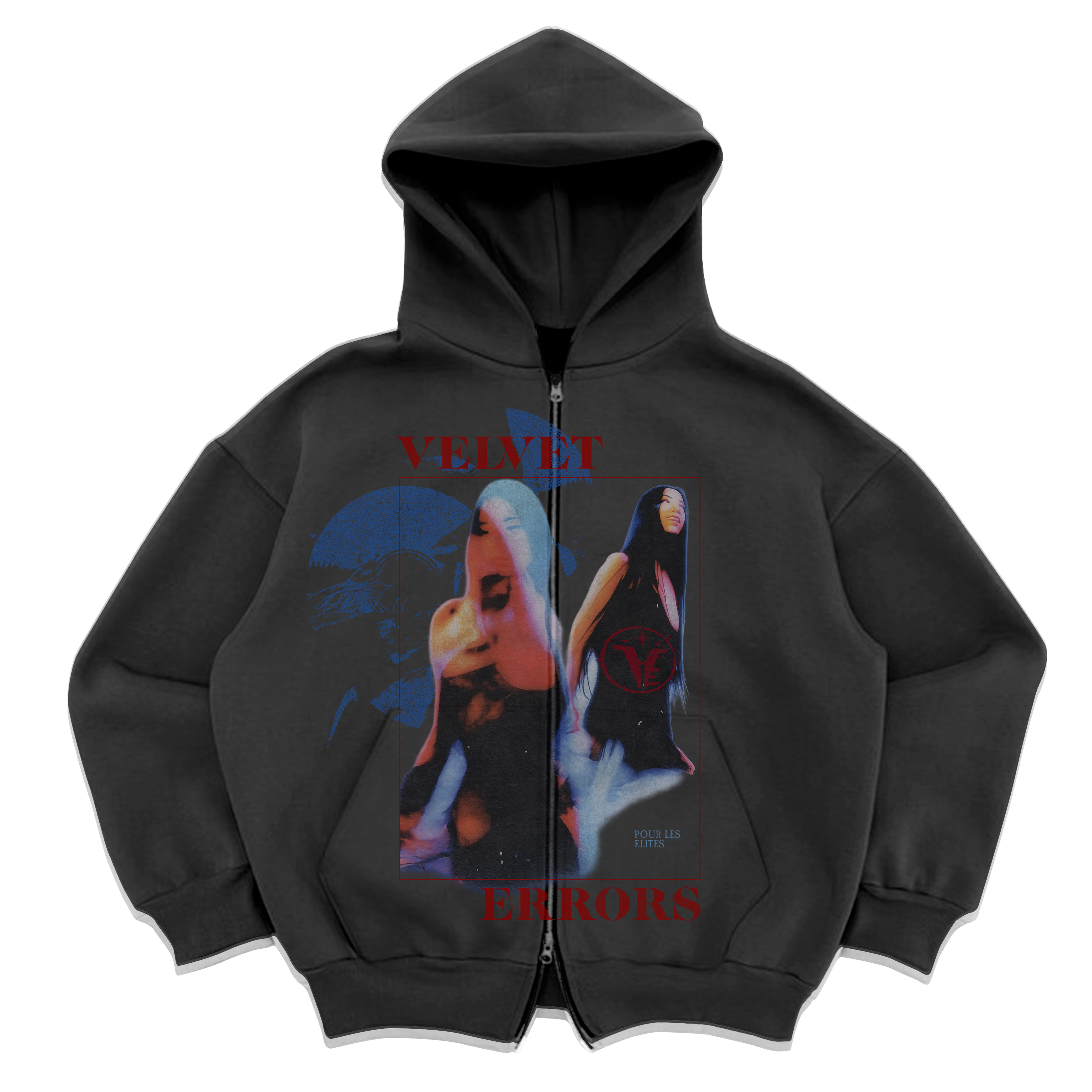 Black Velvet Errors Elites Zip Up hoodie with front zipper and soft fabric, displayed on a plain background.
