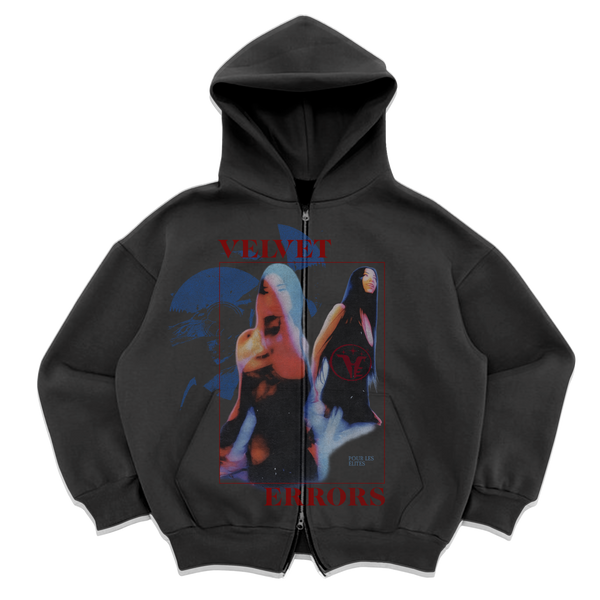 Black Velvet Errors Elites Zip Up hoodie with front zipper and soft fabric, displayed on a plain background.