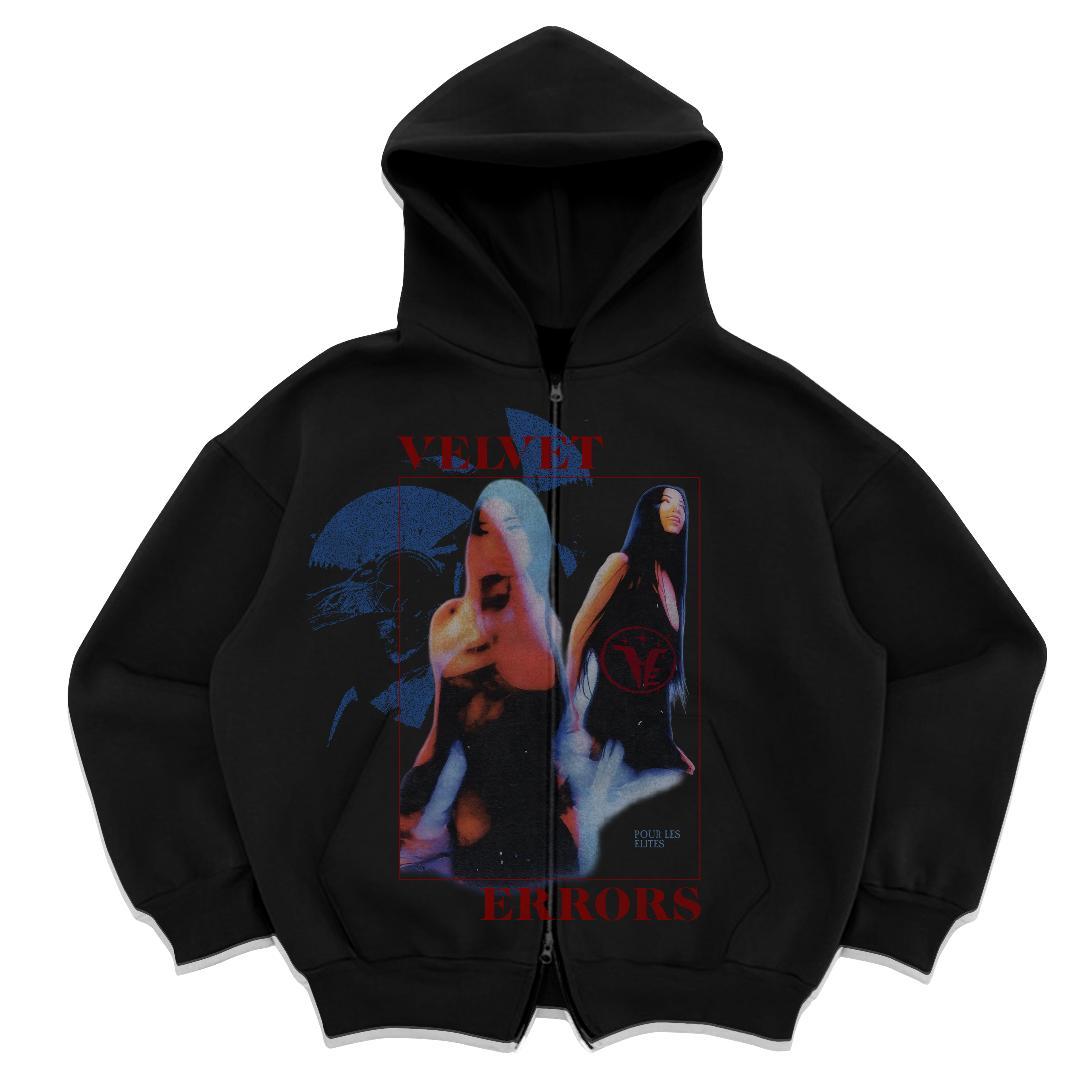 Velvet Errors black zip-up jacket with small logo, made from soft velvet material, casual style for men or women.