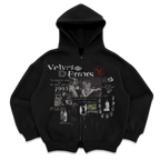 Black Velvet Errors Fade Out Zip Up hoodie with front zipper and soft velvet fabric, casual streetwear style.
